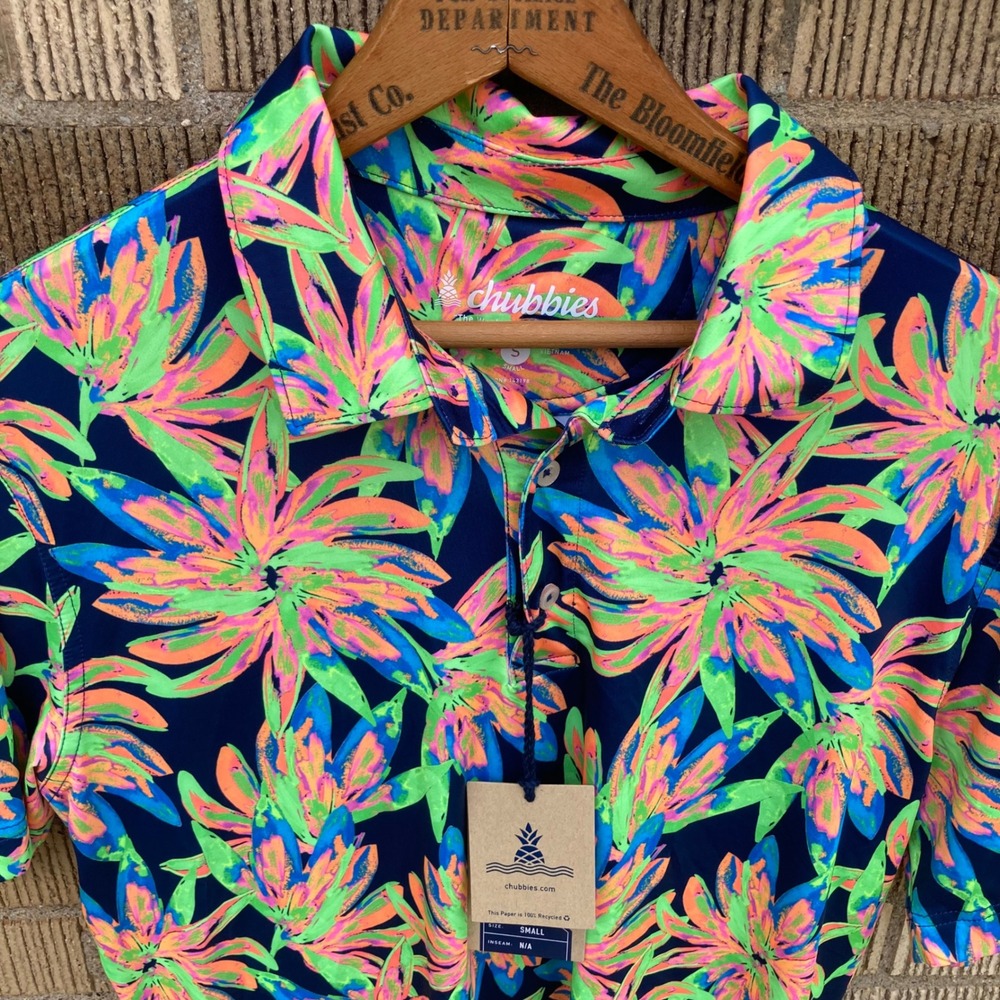 Chubbies‎ Mens Small Polo 2.0 Golf Shirt Neon Tropical Hawaiian Ocean Flower